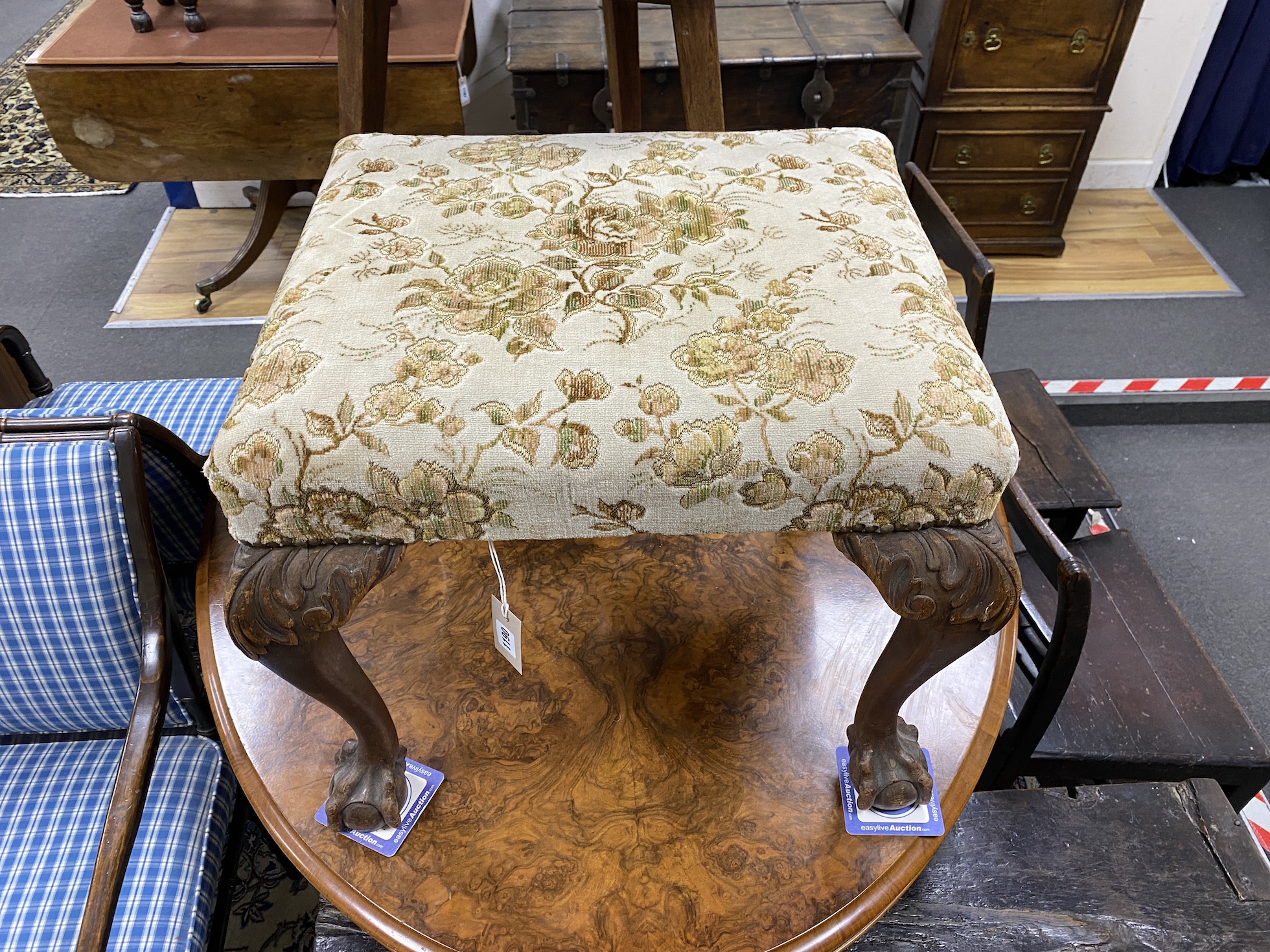 A George II style rectangular mahogany dressing stool, width 57cm, depth 50cm, height 50cm